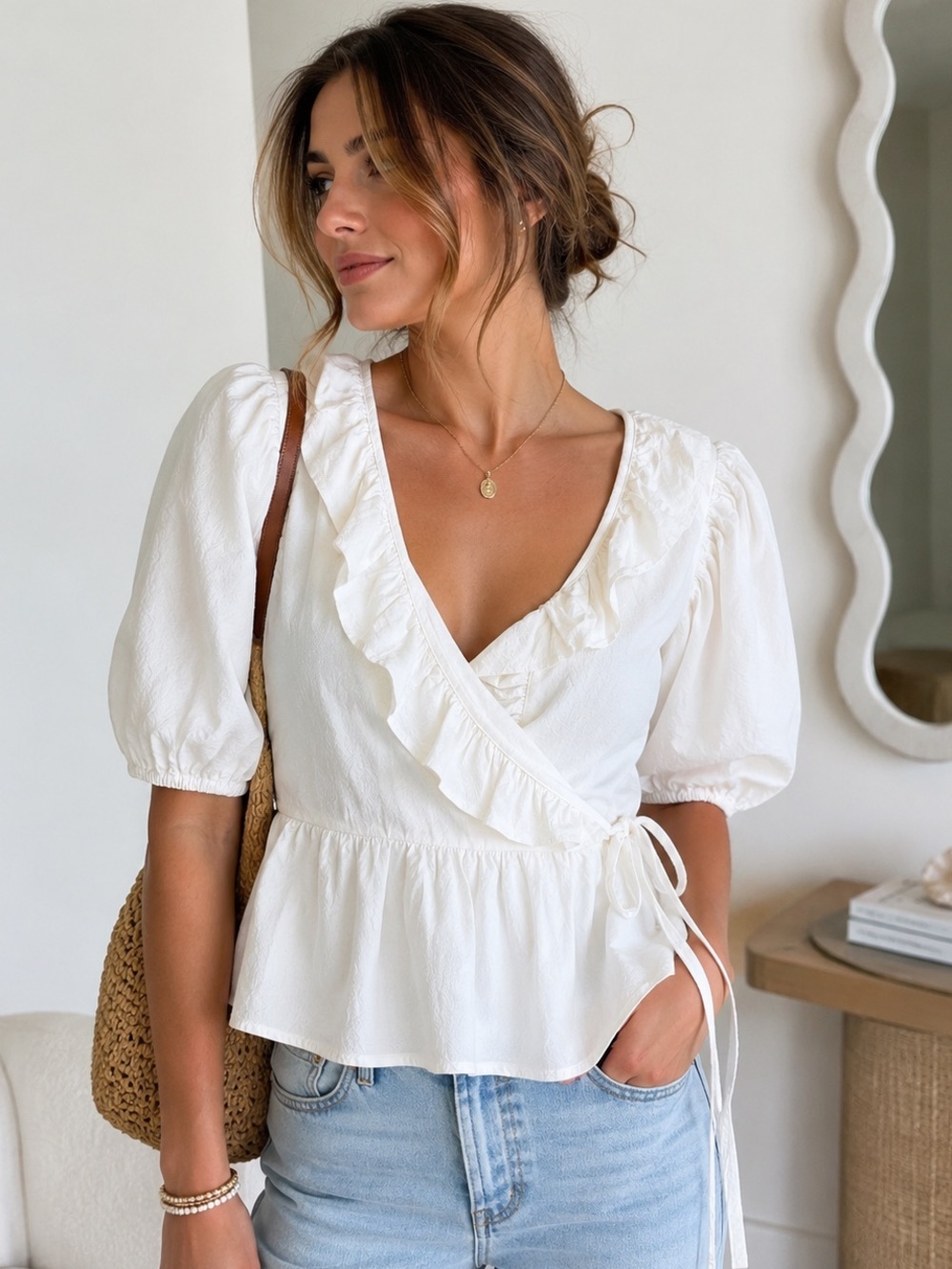 ✨ Boyish By Her “The Romeo” white Wrap Ruffle Top Size Small NWT Style